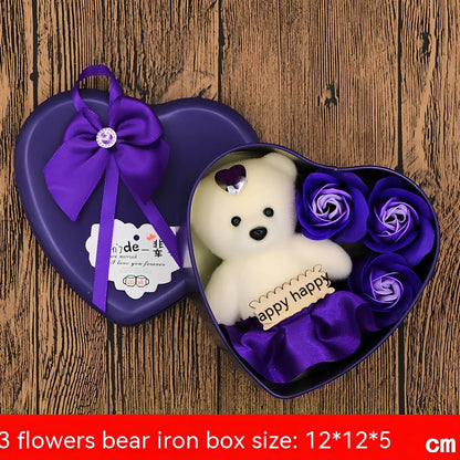 Handmade soap flowers in red heart-shaped tin box measuring 12x12x5cm