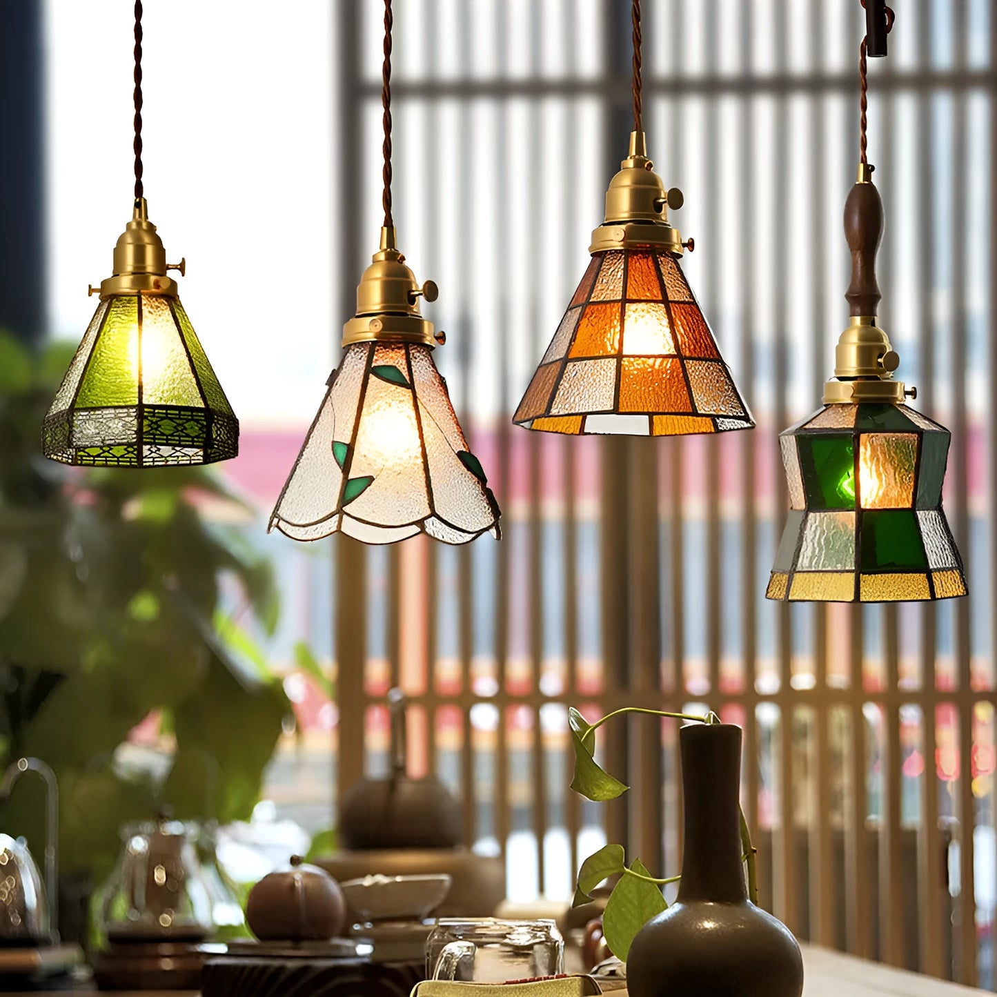 Japanese retro brass and glass chandelier with hand-blown shades and walnut wood details