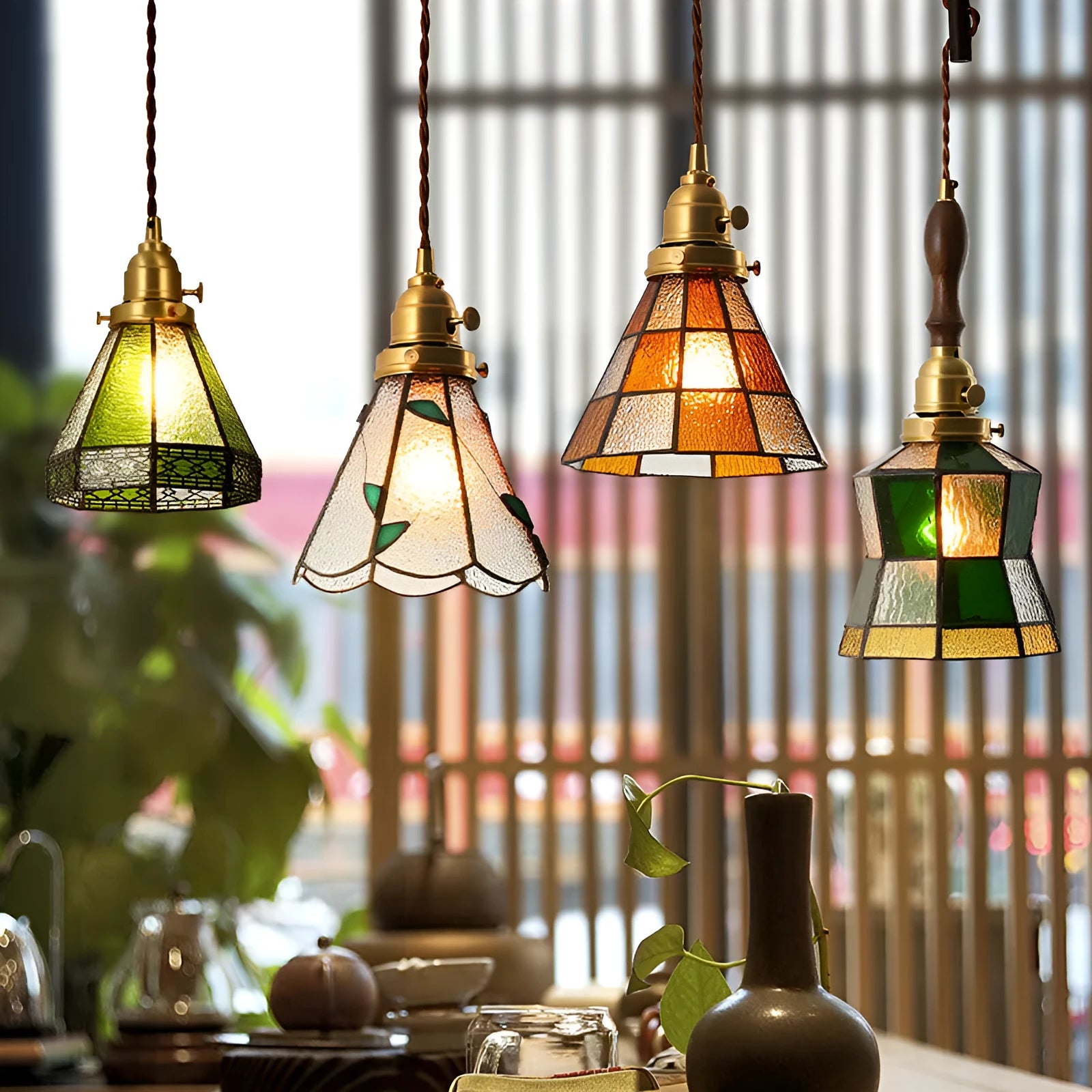 Japanese retro brass and glass chandelier with hand-blown shades and walnut wood details
