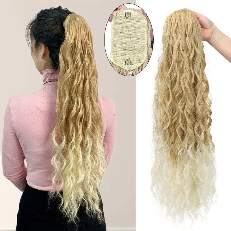 Water ripple long curly synthetic hair extension with drawstring ponytail attachment in multiple colour options
