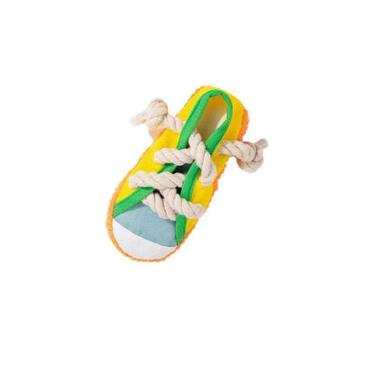 Plastic squeaky dog slipper chew toy in yellow, black, or blue colour