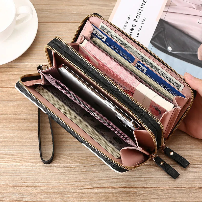 PU leather long wallet clutch with integrated mobile phone bag, coin purse, and zipper compartments in European and American retro style, available in black and coffee colour options with print detailing