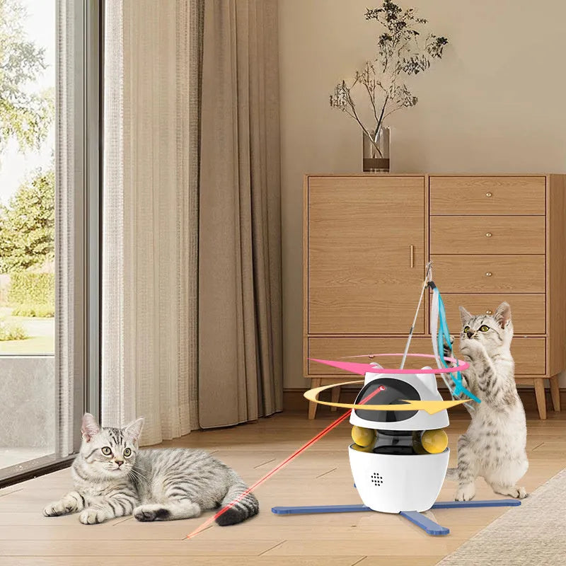 Interactive cat toys for indoor cats featuring an automatic kitten self-play elastic rope system on a flexible funny stick with battery-powered electronic motion, designed for solo feline engagement and exercise stimulation in white colour