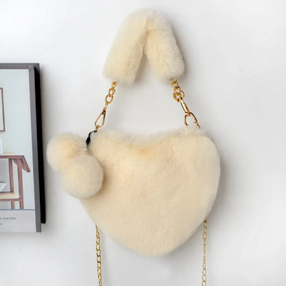 Plush heart-shaped women's handbag in medium size with removable shoulder strap