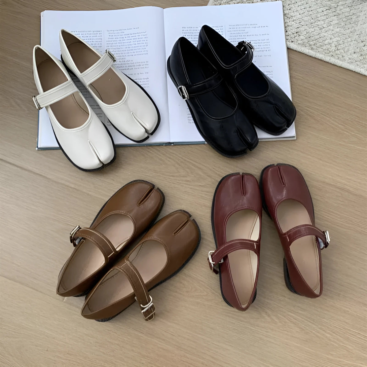 Split-toe pig trotter shoes for women in black with microfiber upper, soft sole and low 1-3cm heel