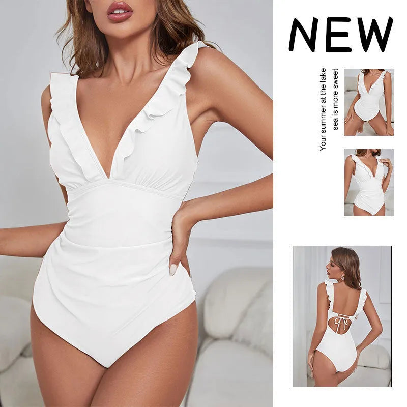 Women's one-piece swimsuit with lace V-neck, solid colour, white or red, sizes S to XL