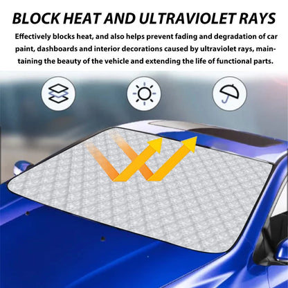 Car windshield aluminium film frost cover showing reflective surface and 140x95cm dimensions