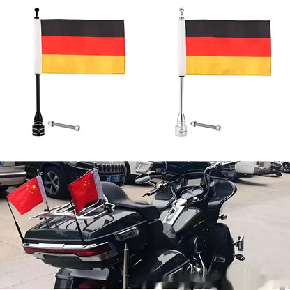 Motorcycle tail box flagpole for mounting on luggage carrier, in black or silver finish.