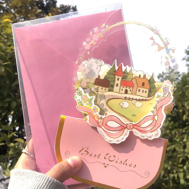 Handmade 3D butterfly greeting card with stand-up artificial flowers on coated paper, 16x10.5cm