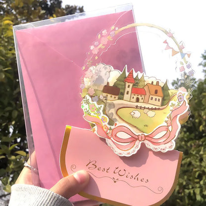 Handmade 3D butterfly greeting card with stand-up artificial flowers on coated paper, 16x10.5cm