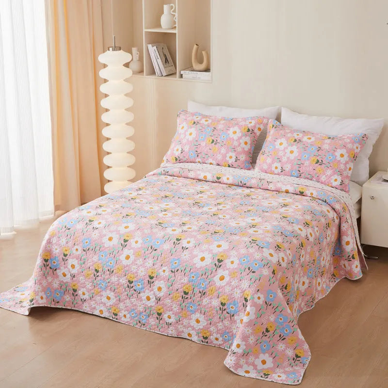 Pure cotton twill quilted bedspread three piece set with reactive printed floral pattern