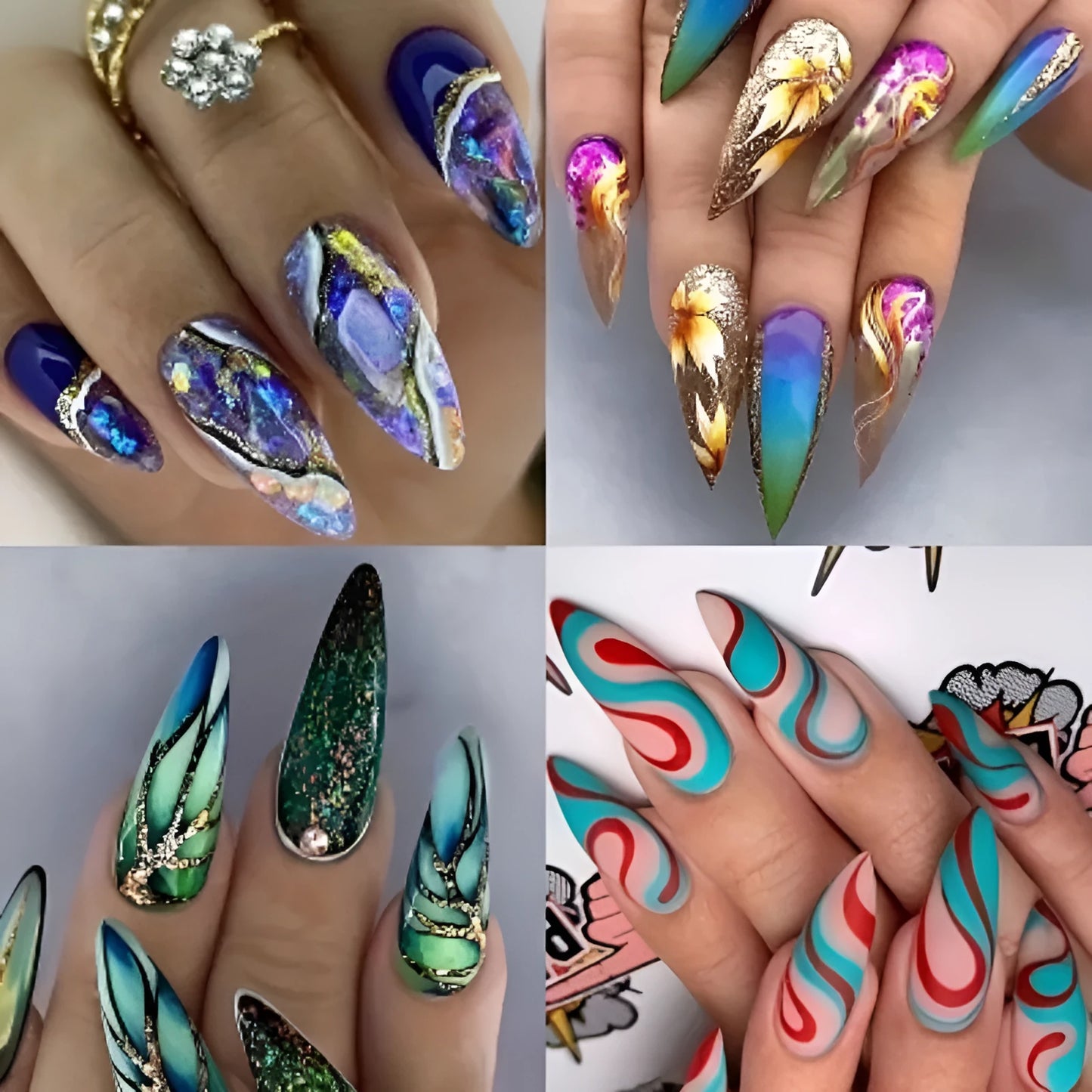 Set of almond-shaped rainbow patterned false nail stickers in European Square shape on four colour backgrounds.