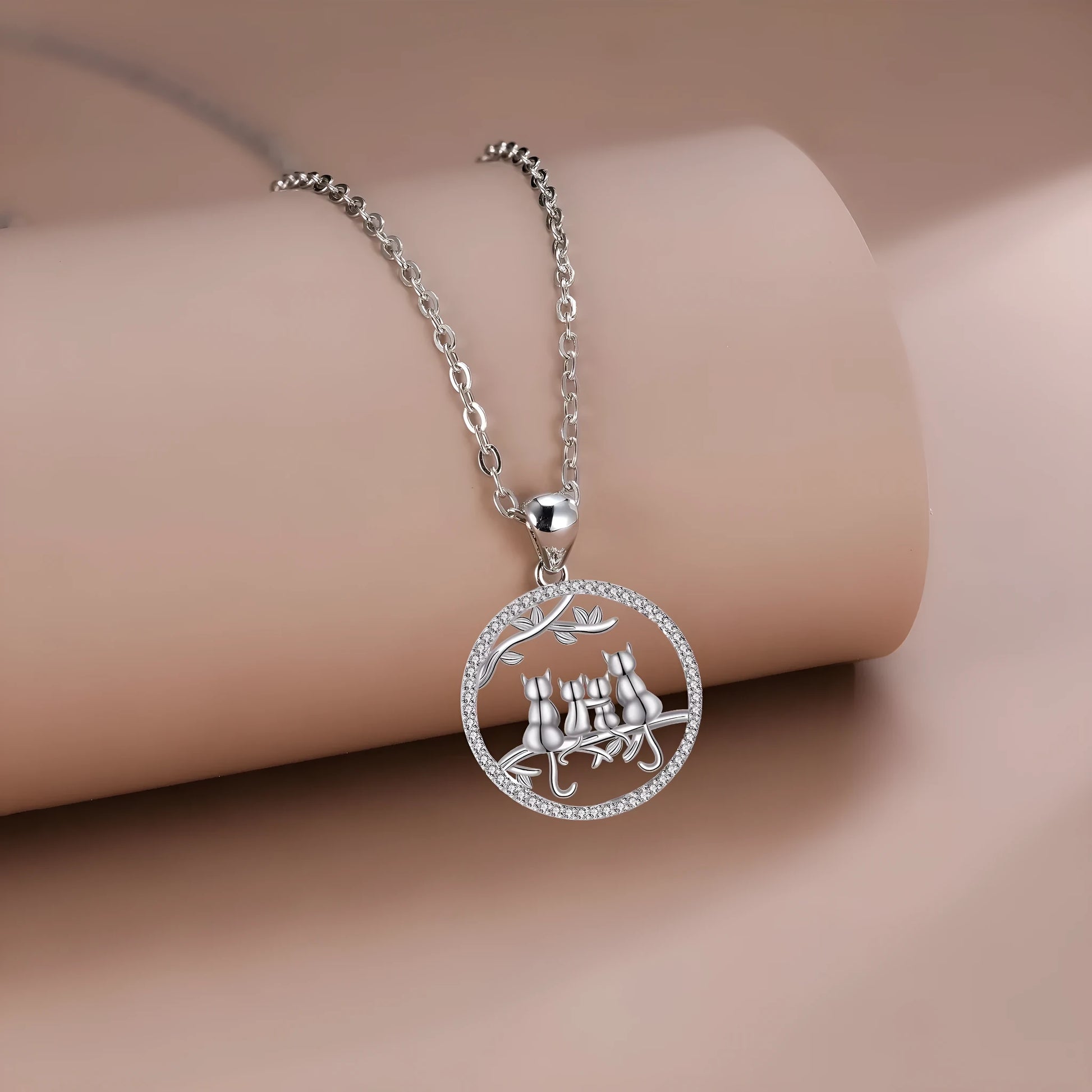 Four kitten necklace with copper pendant and cross chain, cat design jewellery