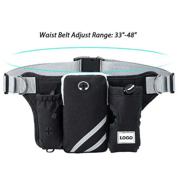 Black nylon dog walking set with adjustable waist bag, leash, and collar for outdoor pet training