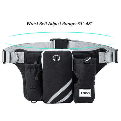 Black nylon dog walking set with adjustable waist bag, leash, and collar for outdoor pet training