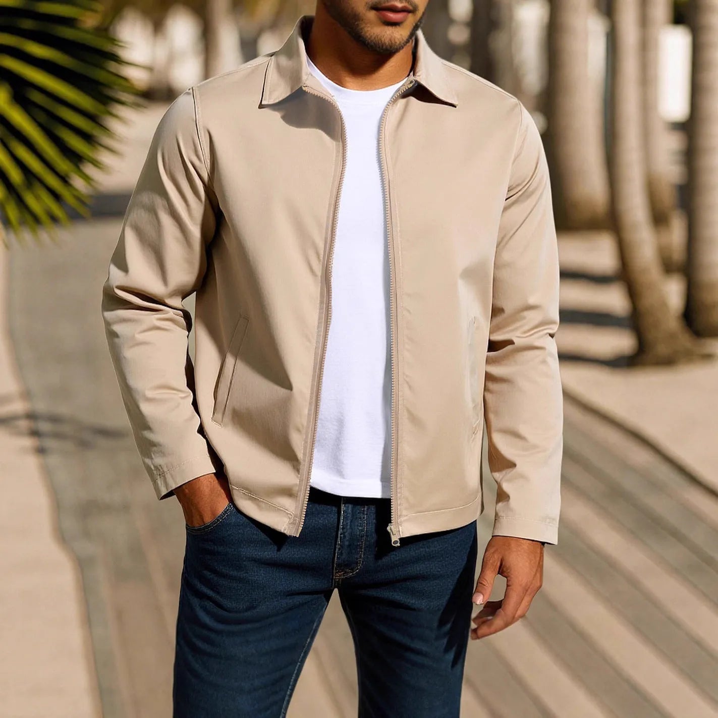 Men's green zip-up cardigan jacket with raglan sleeves on a hanger.