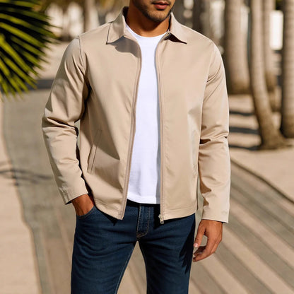 Men's green zip-up cardigan jacket with raglan sleeves on a hanger.