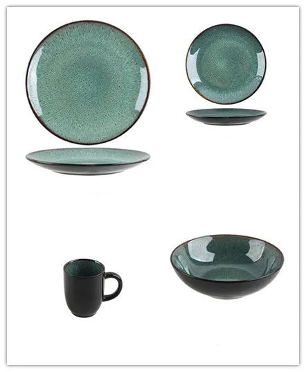 Retro European style porcelain bowls and plates set with round shape on dining table