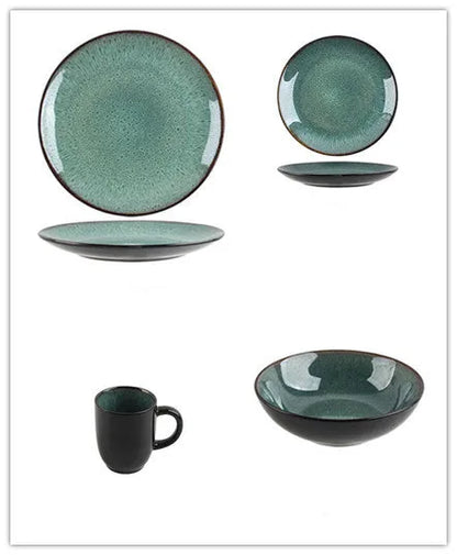 Retro European style porcelain bowls and plates set with round shape on dining table