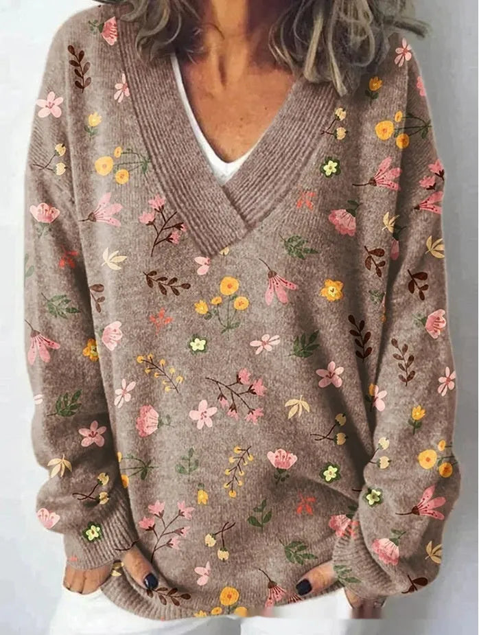 Women's V-neck sweatshirt with a detailed 3D floral pattern print in art retro style.