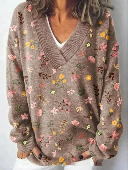 Women's V-neck sweatshirt with a detailed 3D floral pattern print in art retro style.