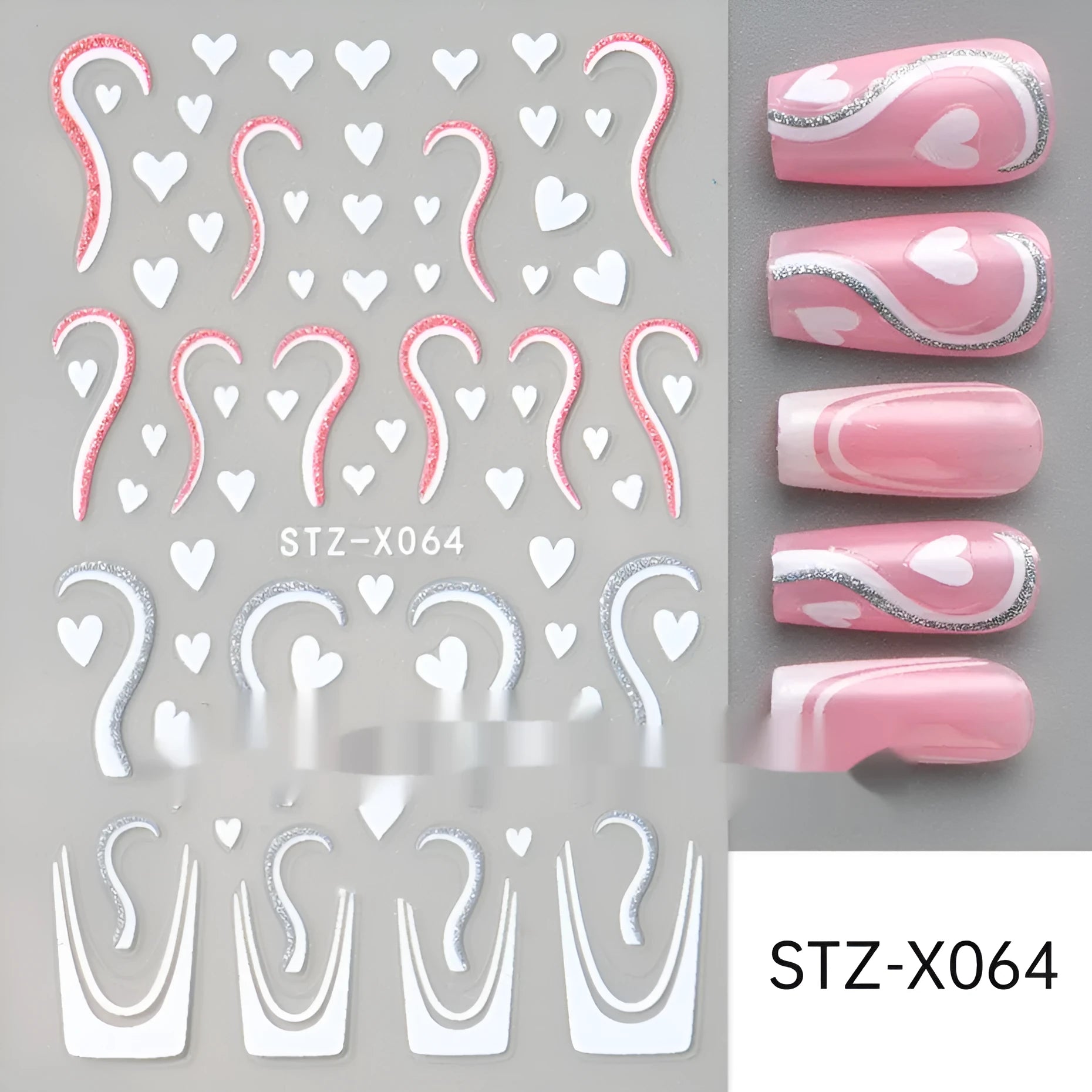 Assortment of black and silver nail sticker designs including cartoon and French tip patterns on a plastic sheet.