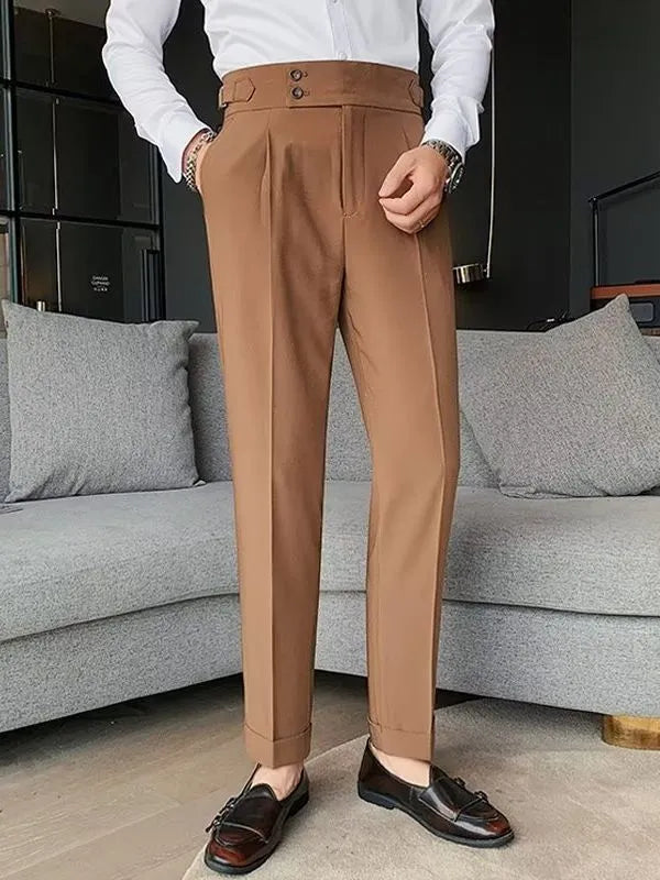 Retro high waist straight leg casual trousers in cotton blend fabric, shown in black, brown, grey or white.