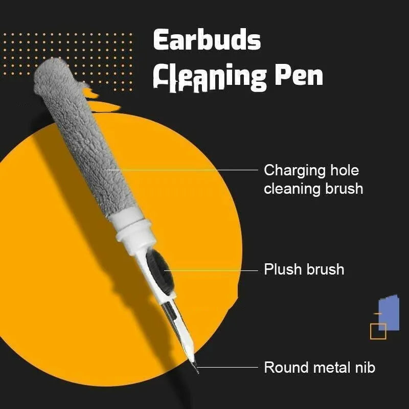 Black and white plastic earbud cleaning pen with a brush for headphones and mobile phones