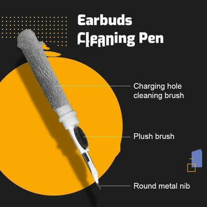 Black and white plastic earbud cleaning pen with a brush for headphones and mobile phones