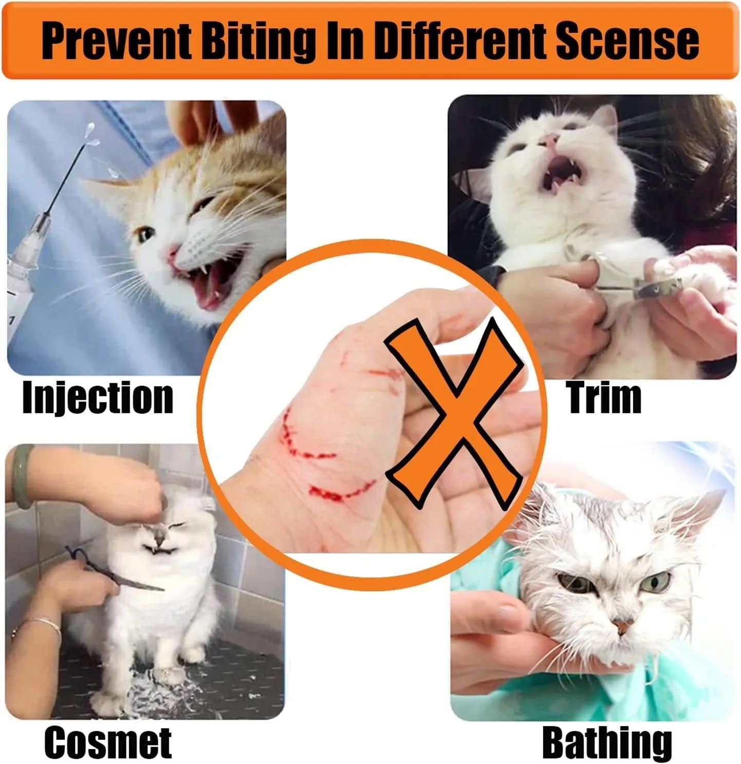 Clear transparent PVC and cotton cat muzzle with a centre breathing hole, shown in small and medium sizes.