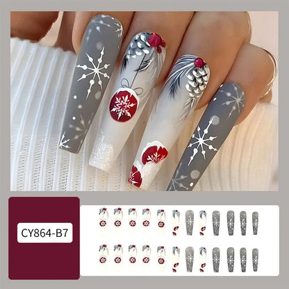 24pcs Christmas false nails with hat striped snowflake design for festive holiday wear