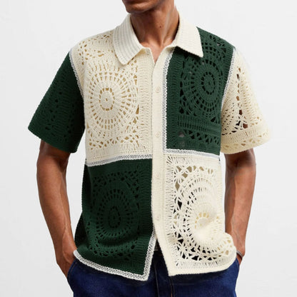 Beige men's knit shirt with colourblock pattern and flocking detail on short sleeves