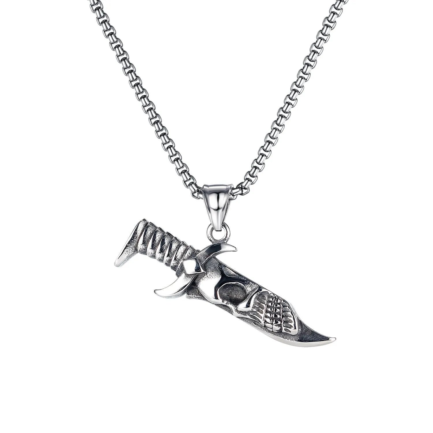 Men's silver electroplated skull necklace with stainless steel chain and alloy pendant showing six design options