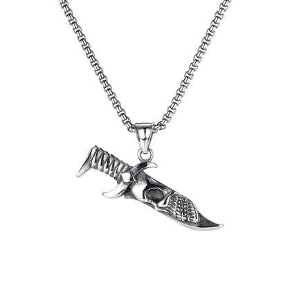 Men's silver electroplated skull necklace with stainless steel chain and alloy pendant showing six design options