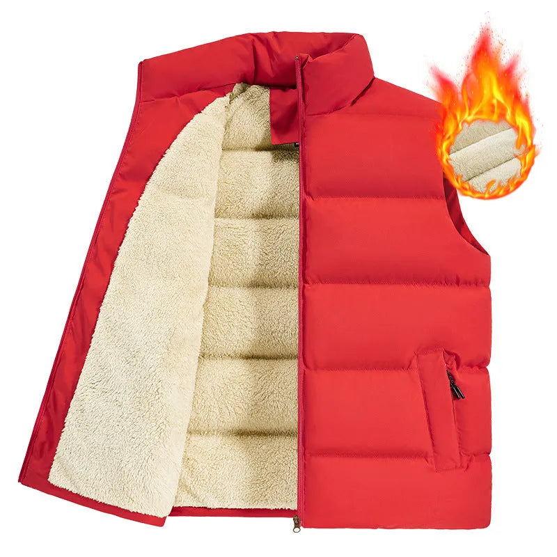 Men's striped lambswool vest in black, shown on a hanger.