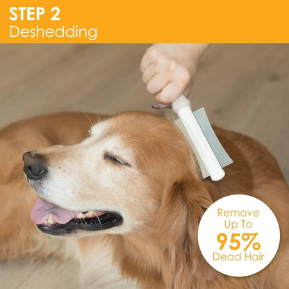 White 2-in-1 dog and cat deshedding brush with grooming comb, curved design, and ergonomic handle