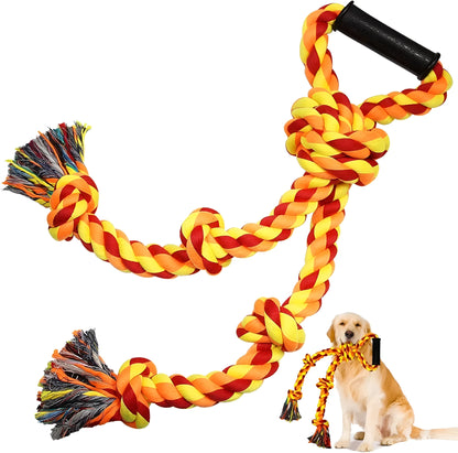 Blue and yellow cotton rope dog toy with non-slip handle for aggressive chewers