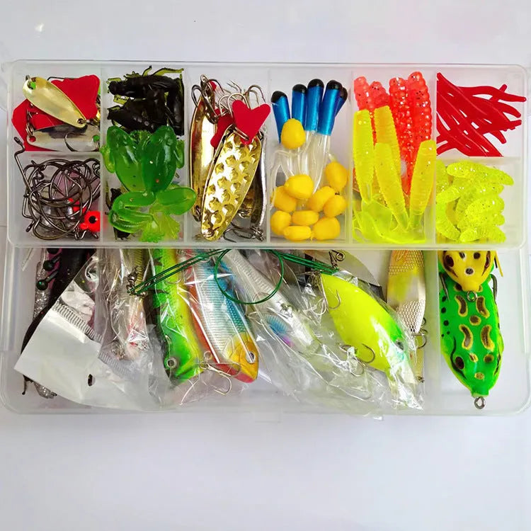 142-piece fishing lure set with metal baits, plastic lures, sequins, and fishing pliers organised in tackle box