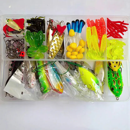 142-piece fishing lure set with metal baits, plastic lures, sequins, and fishing pliers organised in tackle box