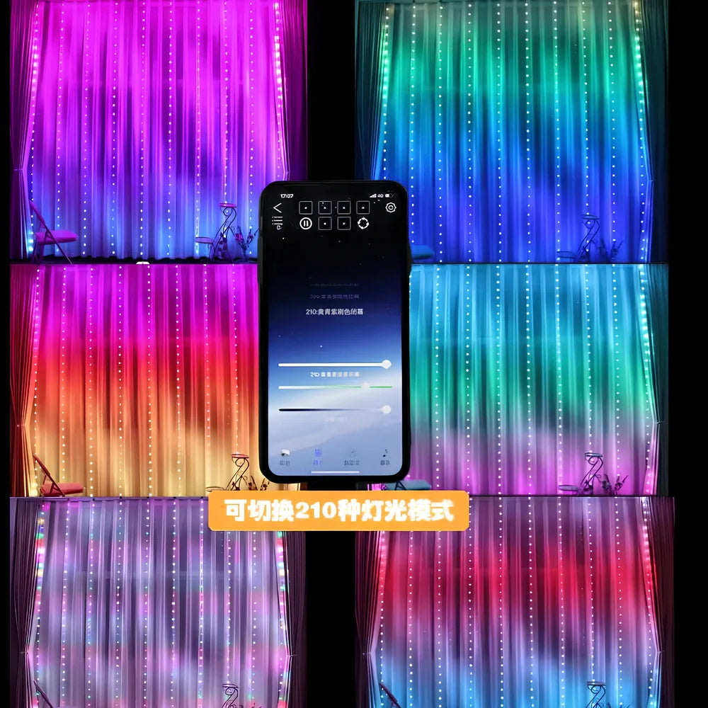 Programmable LED curtain light with Bluetooth app control showing 400 individually programmable lights