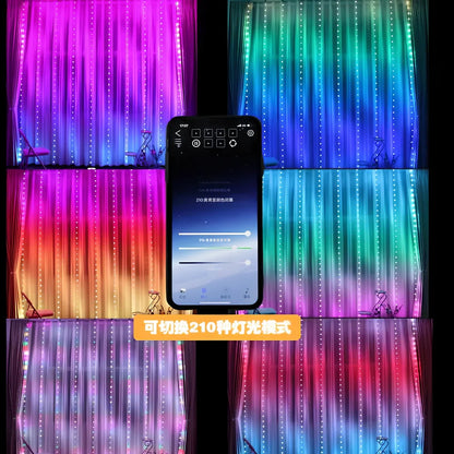 Programmable LED curtain light with Bluetooth app control showing 400 individually programmable lights