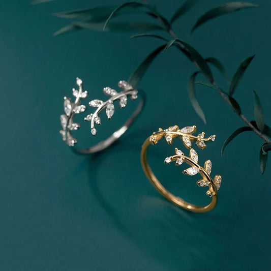 Women's branch ring with leaf design in silver or gold electroplated finish