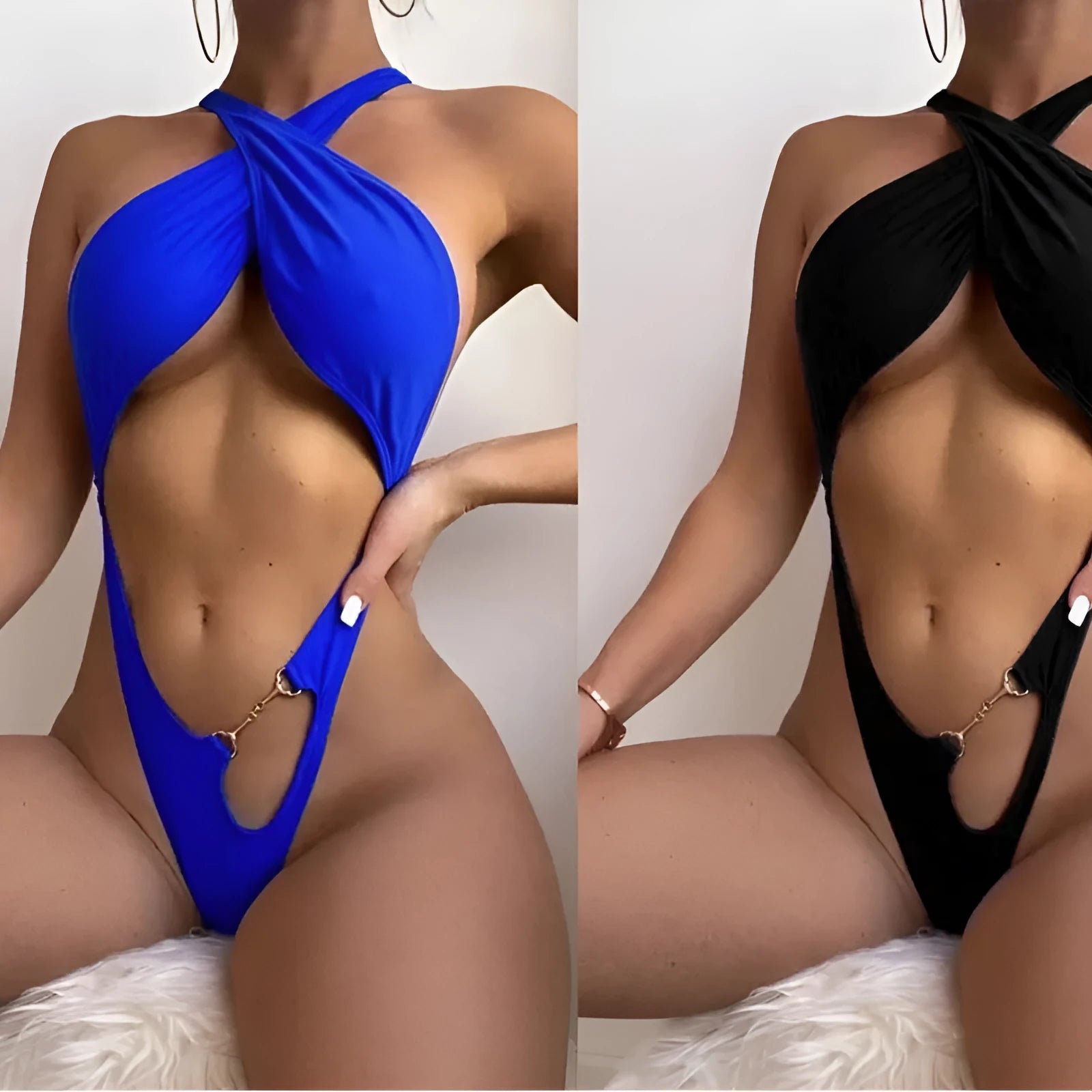 Women's solid colour one-piece swimsuit in black or blue polyester fabric