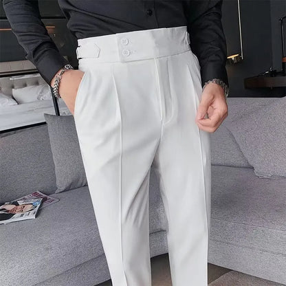 Retro high waist straight leg casual trousers in cotton blend fabric, shown in black, brown, grey or white.