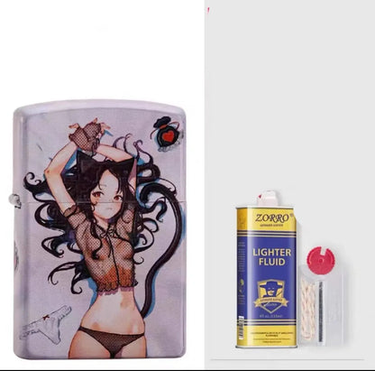 Windproof kerosene lighter with grinding wheel, pure copper case, shown with artistic design options.