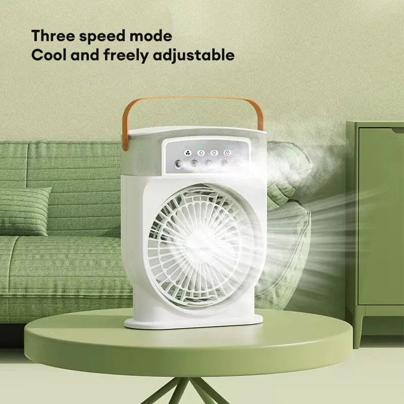 Black portable USB air cooler fan with adjustable head, leather handle, and removable water tank on a desk.