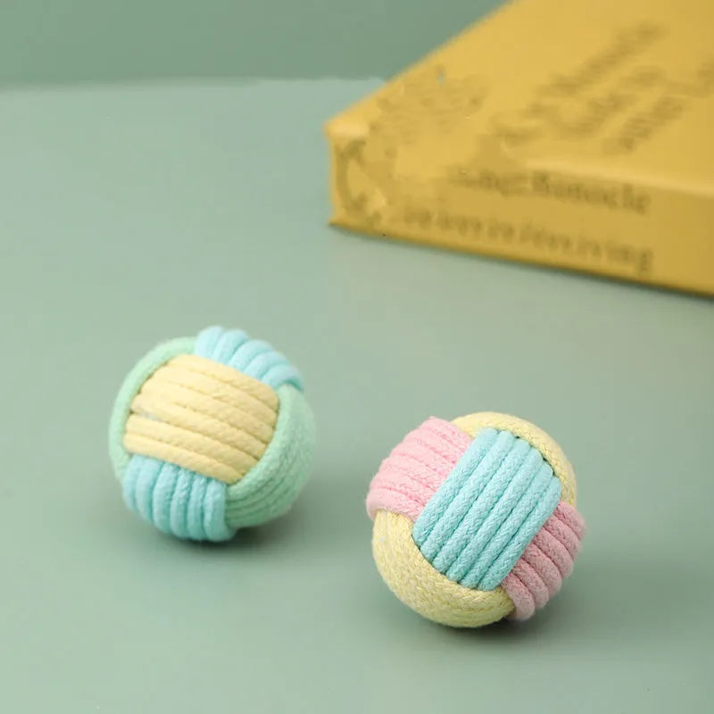 Handmade blue powder, green blue, and pink green plush cat toy ball with dental floss core for teeth grinding