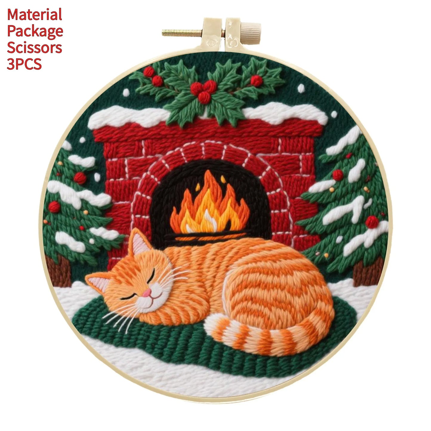 Cat embroidery DIY kit with autumn fruit design on fabric and a 20cm imitation bamboo embroidery frame