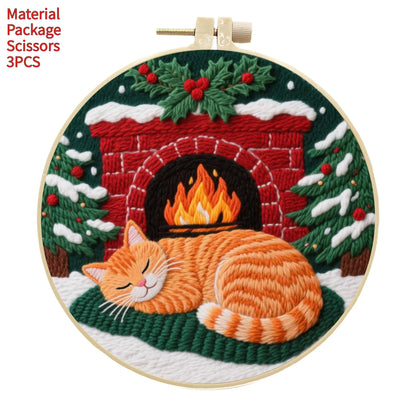 Cat embroidery DIY kit with autumn fruit design on fabric and a 20cm imitation bamboo embroidery frame