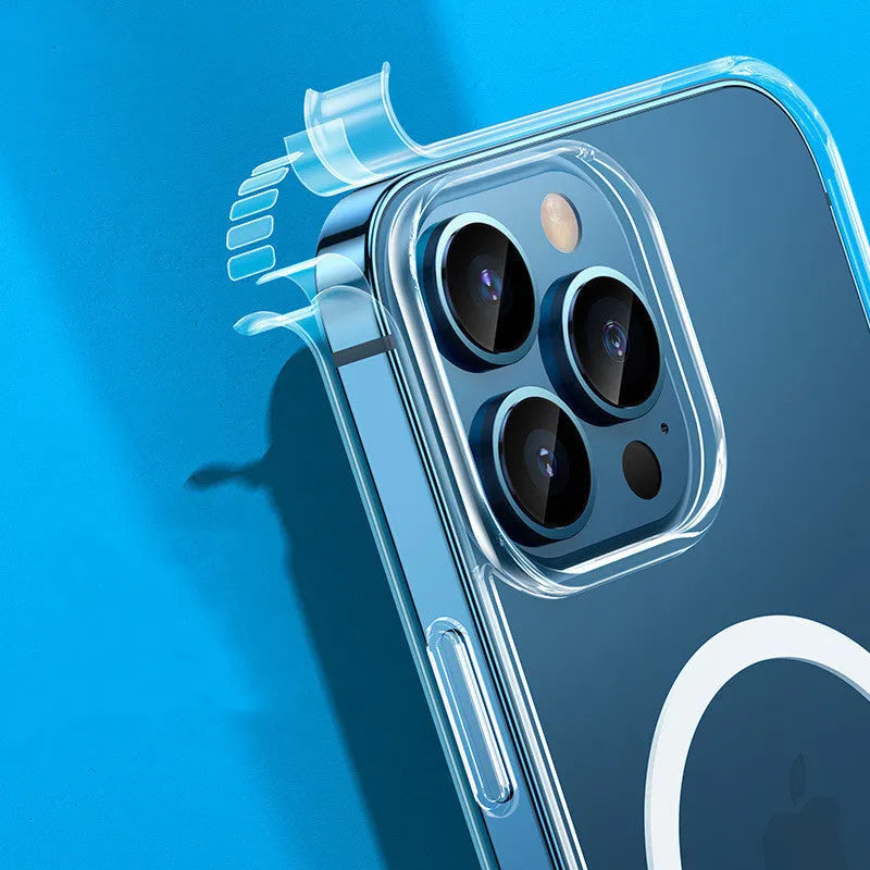 Transparent MagSafe magnetic airbag protective case for iPhone 13 models on a table.